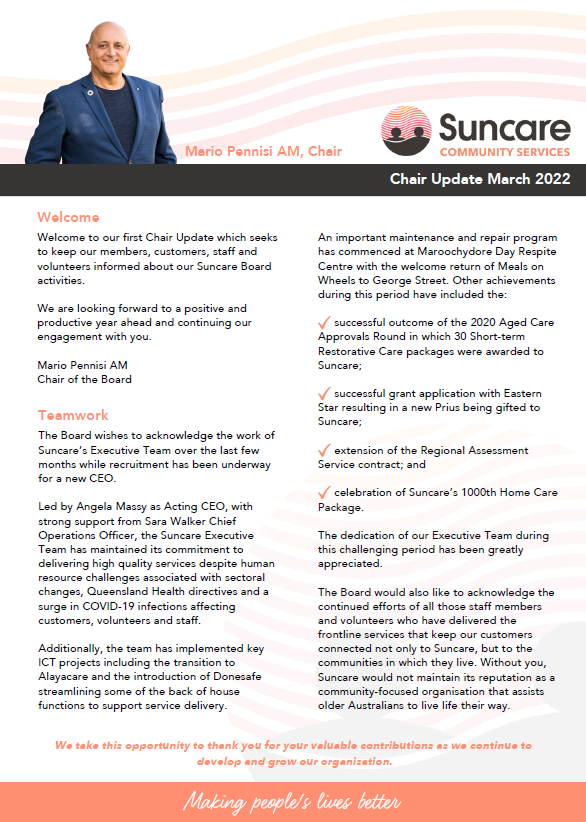 Suncare Community Services Chair Update